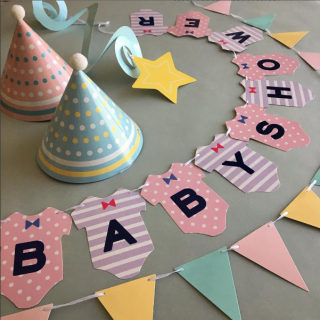 もうすぐママになる妊婦さんのお祝い、ベビーシャワー🎵 　優しい色のパーティーグッズでみんなでお祝いしませんか？　“１００円で暮らしは楽しくなる❤ “