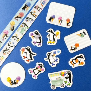 アイスクリームが大好きな7匹のペンギンたち。スケートも得意だよ～スイスイ～　“１００円で暮らしは楽しくなる。“