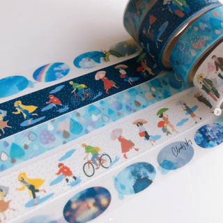 雨の日の人々をポップに描いたイラストのシールやあじさい。6月が楽しくなるアイテム☂　“１００円で暮らしは楽しくなる“