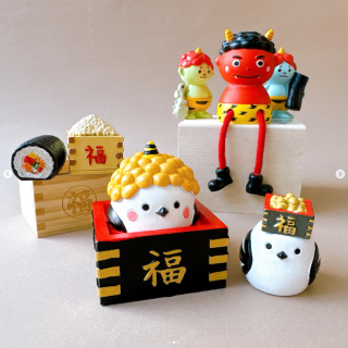 鬼は～外ッ！福は～内ッ！が聞こえてきそう♪ 鬼や恵方巻、福豆などの置物たち！　“１００円で暮らしは楽しくなる“