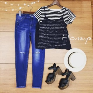 ボーダーとデニムを今年らしい組み合わせで♡ 裾のフリンジとちょこっとダメージが今の気分にぴったりなスキニーとトレンドのキャミコーデ♪