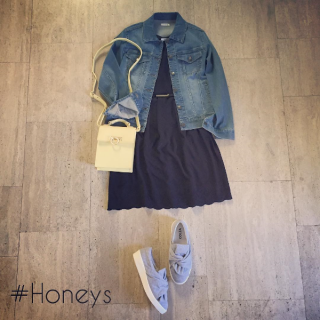 刺繍のワンピースをGジャンでカジュアルにコーディネート♪　ねじりスリッポンでカジュアルだけど女の子らしさも演出出来る足元に♡　さらにBagで春色をプラス♡