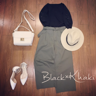 人気のワイドパンツに新色が登場♡黒トップスを合わせて辛口スタイルに★　刺繍使いのトップスや白小物で辛くなりすぎないように微調整♪