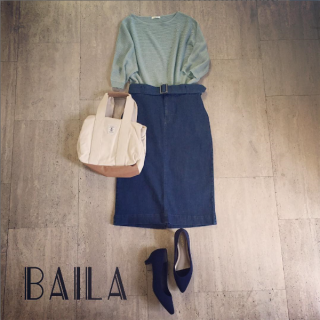 BAILA4月号掲載コーディネート♡　共布ベルト付きのスカートはストレッチデニムなのでタイトだけど動きやすいのがポイント♡　キレイ色のニットを合わせてシンプルにまとめた大人スタイルの完成♡