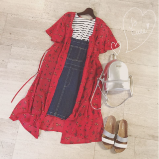 赤×ボーダー×デニムでちょいマリン♪　花柄×ボーダーの柄MixもOKな夏コーデ♡　シルバー小物が夏らしさをさらにUP★