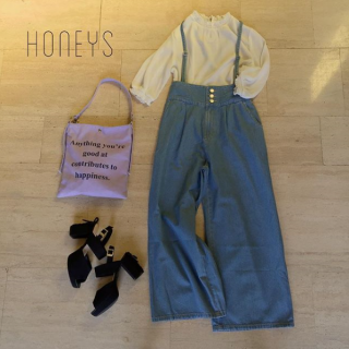 取り外し可能なサスペンダー付きのデニムワイドパンツ♡　ハイウエストなシルエットでスタイルUP♪