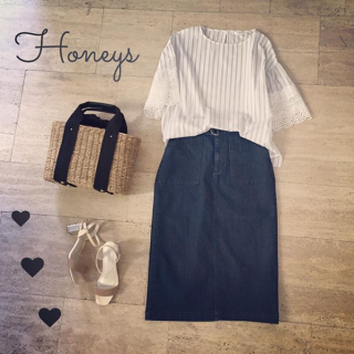 袖レースのブラウス+デニムナロースカートで大人カジュアルスタイル♪　かごBagとサンダルで夏先取りコーデの完成♡