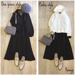 開襟ワンピースは1枚ではもちろん、パーカーを重ねたりインナーにタートルを合わせたりと着回しやすいのがうれしい♡　可愛い上に、長く着られる優秀アイテム♪