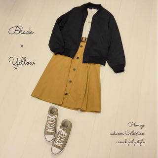 定番リブブルゾンを使った大人可愛いカジュアルスタイル♡　黒×イエローの配色がポイント♡