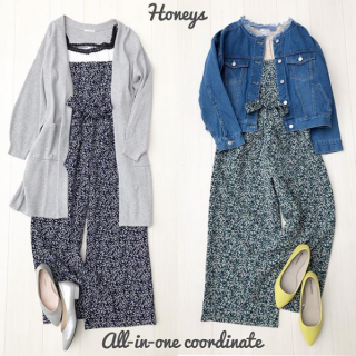 先日ポストして人気だったオールインワンの色違いをご紹介。 　ネイビーはコーデの色を絞って大人カジュアルに。 　グリーンはGジャン合わせでビンテージライクに。