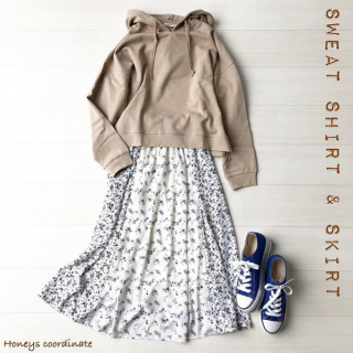 ハニーズアイテムで作る、トレンドのカラーリングコーデ♡　ベージュを主役に、ホワイトで大人っぽく、ブルーをポイントに使って。