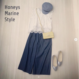 総レースのトップスをつかってマリンスタイルに♡ 　白×デニムのシンプルコーデにイエローのBagでアクセント☆