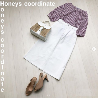 連休中のちょっとしたお出かけにおすすめ。　ブラウスできちんと感を出しつつもカジュアルな素材のスカートでかしこまりすぎないスタイリングに。