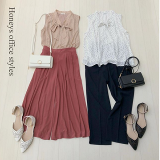 ノースリーブのボータイブラウスは可愛くもかっこよくも着られる優れものアイテム♡ 気分に合わせて色々な雰囲気の着こなしを楽しむのもGood！ 左のコーデに使用したスカーチョはこれからの季節にうれしい【UVカット】【吸水速乾】【接触冷感】の3タイプの機能付き♪