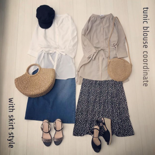 チュニック丈のブラウスをスカート合わせでコーディネート♡ デニムを合わせたカジュアルコーデ＆ロングスカート合わせの今年っぽコーデ♡ ボトムを入れ替えての着こなしもOKなのでどちらの色も選んでもOK