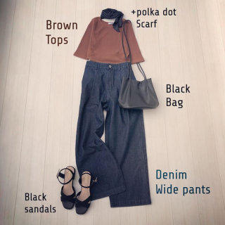 先日もご紹介したブラウンのトップスを今回はデニムで合わせでコーディネート♡ Bagについているスカーフをアクセントに黒小物でまとめた大人スタイルに♡