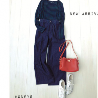 秋色のボーダーTシャツはデニム合わせでシンプルにスタイリング オレンジのショルダーBagがシンプルコーデのアクセントに♡