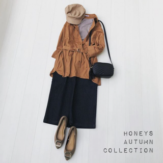 ブラウンカラーのグラデーションコーデにデニムをプラス チュニック丈のシャツは共布ベルト付なのがうれしいポイント♡ 抜き衿で着こなして肌見せするのが◎