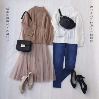 ふわふわニットでシミラールック♡ 甘くなりがちな白はデイ無スキニー合わせでちょいハンサムに ベージュはチュールスカート合わせてふわふわでワントーンなスタイリングに