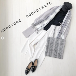 モノトーンでまとめた大人っぽコーデ。 一つ一つがシンプルなデザインな分、バックやストールは柄でアクセントを。 パイソン柄でスパイスを効かせたクールコーデのできあがり！