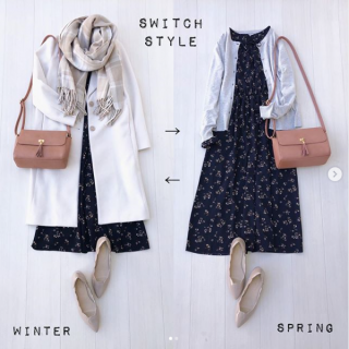 ハイネックのワンピースでスイッチコーデ♡ 冬はもちろんコート合わせがGood！ 防寒対策のストールは優しい色使いのチェックなら柄×柄も可愛くまとまるので◎ 春は花の形の釦が可愛いカーディガンを合わせてシンプルスタイルに