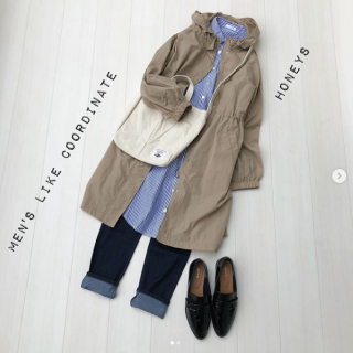 カジュアルなフードジャケットにカチッとした印象のストライプシャツを合わせてメンズライクなスタイリングに シャツワンピにすることで女性らしさもプラスして♡