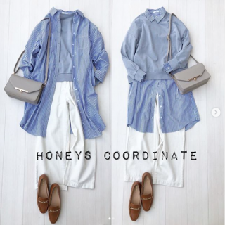 清潔感のあるストライプのシャツでレイヤースタイル。重ねる順番を変えるだけでコーデの印象ががらりと変わる。チュニックではなくワンピース丈のシャツならワイドパンツを中に仕込んだエッジィなコーデにも、ガウンのように羽織りにしても使える。ポケット付きデザインも嬉しいポイント。