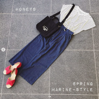 ボーダートップスにデニムストレートパンツを合わせたシンプル大人カジュアルスタイル 足元に赤いサンダルを合わせることでマリン風なスタイリングに