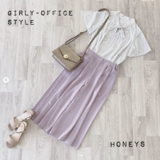 ボータイトップスでオフィススタイル♡ ストライプ×ピンクで可愛らしさを演出しつつボトムはスカート見えするガウチョパンツが◎
