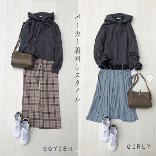 人気の裏毛パーカーをボーイッシュ＆ガーリーに着回し チェックのパンツを合わせるだけで今年らしい雰囲気のコーディネートに ガーリースタイルはチェックシャツのレイヤードがコーデのアクセントに