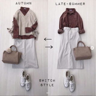 【晩夏から秋へのスイッチスタイル】 薄手のコーデュロイシャツを使った着回しコーデ 晩夏は気温に合わせて袖をロールアップしてシンプルにスタイリング 秋はニットベストを重ねてレイヤードスタイルを楽しんで