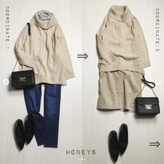 洋服5アイテムを使った着回しコーデ 1：オフタートルニットにボーダータートルを重ねてシンプルコーデのアクセントに 2：オフタートルニットをジャンスカの上に重ねたベージュのワントーンコーデ