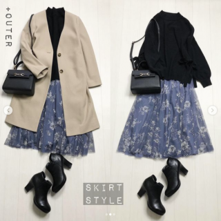 サイドがリボンデザインになっているニットをパンツとスカートで着回しコーデ トップスがシンプルなのでボトムは柄物を選らぶと華やかな印象に