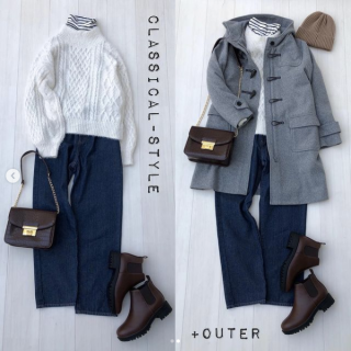 ロング丈のダッフルコートは白ニットとデニムを合わせてボーイッシュにスタイリング インナーにボーダーをインしたりニット帽を合わせたりとクラシックな雰囲気に寄せても◎