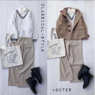 ライン入りニットにタートルをインしたクラシックスタイル 足元はあえてブーツを合わせてコーディネートのポイントに