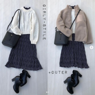 カジュアルになりがちなボアブルゾンを花柄ワンピ合わせでガーリーにスタイリング ワンピはウエスト部分がリボンデザインになっているので1枚で着てもOK 寒くなるこの季節はニットを重ねて暖かさをプラスして