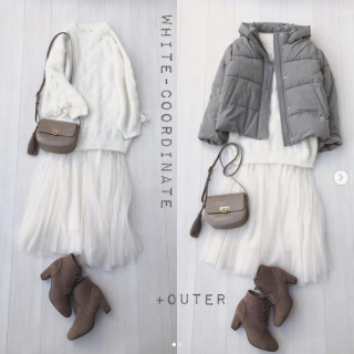 白のふわふわニット×白チュールスカートのホワイトコーデ♡ 軽くて暖かいファイバーダウンのアウターを合わせた冬のガーリースタイルに