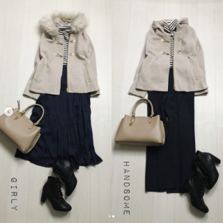 フード口にファーがついているショートダッフルはきれいめスタイル合わせにおすすめ スカート合わせのガーリースタイルにはそのまま、パンツ合わせのハンサムスタイルにはファーを取り外してシンプルに ファーの有り無しでスタイリングの印象も変えられるので1枚あると重宝します