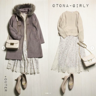 ラメ入りニットはコートインでも華やかな印象に レースのロングスカートを合わせたきれいめ大人ガーリースタイルに ファー使いのビット付ダッフルコートは長め丈で防寒対策もバッチリ