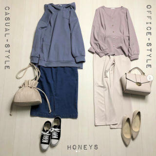 ピンクトップス＆センターシームパンツのオフィスコーデとパーカー＆デニムスカートのカジュアルコーデ 合わせのボトムをチェンジしていつもコーデを鮮度アップ♪