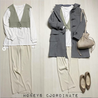 おうち時間におすすめな、ビスチェアンサンブルを使ったコーデ。 ちょっとそこまでなら、長め丈のコートにすっぽりくるまれてあったか＆カワイイ。