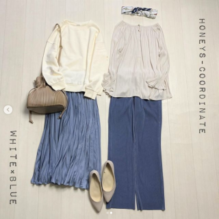 ホワイト×ブルーで作るリラックス＆きれいめコーデ トップスとボトムを入れ替えたスタイリングで鮮度UPするのもおススメ コーデのアクセントにスカーフを合わせるのもGood！