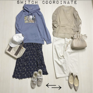 今日ポストのコーデをミックス！ メッシュ編みアンサンブルはハンサムコーデにも。 フォトプリントのパーカーもスカート合わせでガーリーに着回し可能！