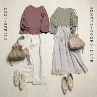 ボリュームスリーブのトップスはネックレスがセットになっているお得アイテム スカート合わせのキレイめスタイル＆デニムパンツ合わせの大人カジュアルスタイルで春色コーデ♡