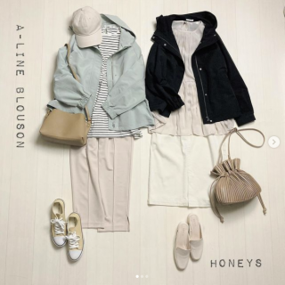 Aラインのフードブルゾンを大人カジュアルにスタイリング ペプラムデザインのトップスはこの春おススメのアイテム♡ ブラウスはスカート合わせのキレイめコーデに カットソーはパンツ合わせで動きやすさを意識したスタイリングに