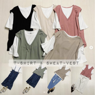 スウェットベストとTシャツがセットになったお得なアイテムでコーディネート もちろんそれぞれ別々にして着るのもOK インナーのTシャツだけで着る時はシンプルデザインなので袖をロールアップして着用するのもおすすめ