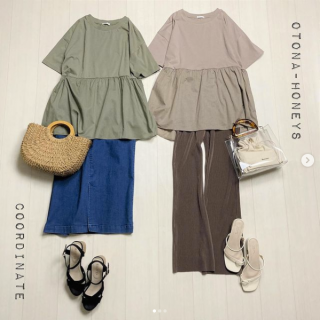 異素材の切り替えデザインがポイントのトップスは同色の切り替えでシンプルなのにデザイン性もあるのでさらっと着るだけでもコーデが決まるうれしい1枚 デニムスカート合わせのシンプルスタイル＆プリーツパンツ合わせの今年らしいスタイリングでご紹介 これからの季節にぴったりなアースカラーは着回し力も抜群なのでおすすめです！