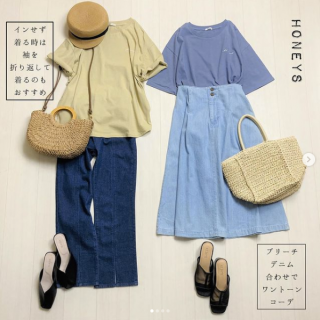 これからの季節に重宝するTシャツ 胸元のロゴデザイン＆バックフォトプリントがポイントのTシャツは裾がラウンドカットなのでそのまま着てもサマになるデザインに 後がちょっと長くなっているのもうれしいポイント