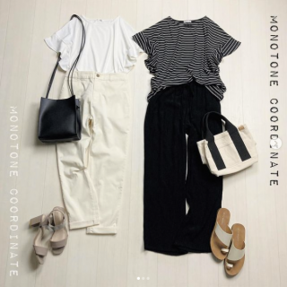 フリル袖がかわいいトップスで人気のモノトーンコーデ ホワイトコーデはボトムをアイボリーにすることで白の割合が多くても着やすいコーディネートに ブラックコーデは小物やボーダーなどで白を少し差してあげると黒の割合が多くても重くなりすぎないコーディネートに