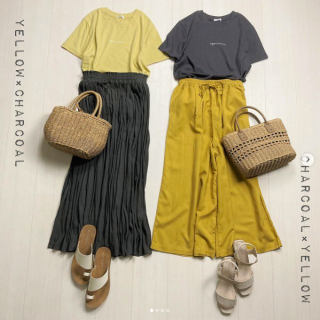 背中のイラストプリントがポイントのTシャツは大人も着やすいちょうどいいサイズ感♪ スミクロ×イエローの着こなしをガウチョ＆スカートコーデでご紹介